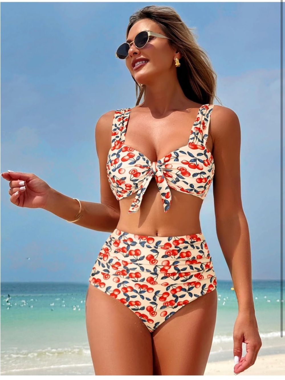 Zaful Cream Cherry Print High-Waist Bikini